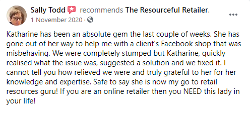 five star Facebook review from Sally Todd saying how to set up a facebook and instagram shop made easy by the resourceful retailer's help